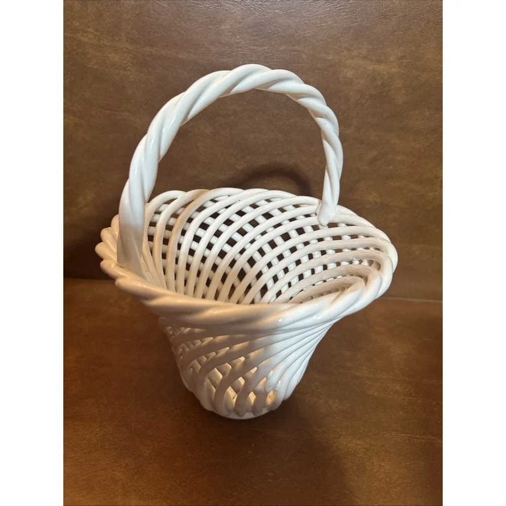 Vintage Ceramic Woven Basket With Handle